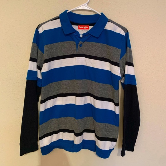 Wrangler striped long sleeve collared shirt, blue, gray, white, black, youth XL - Picture 1 of 4